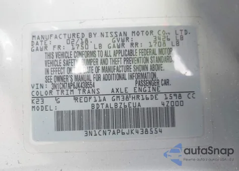 2018 Nissan Versa 1.6 Sv из США, поврежденный, VIN 3N1CN7AP6JK438554